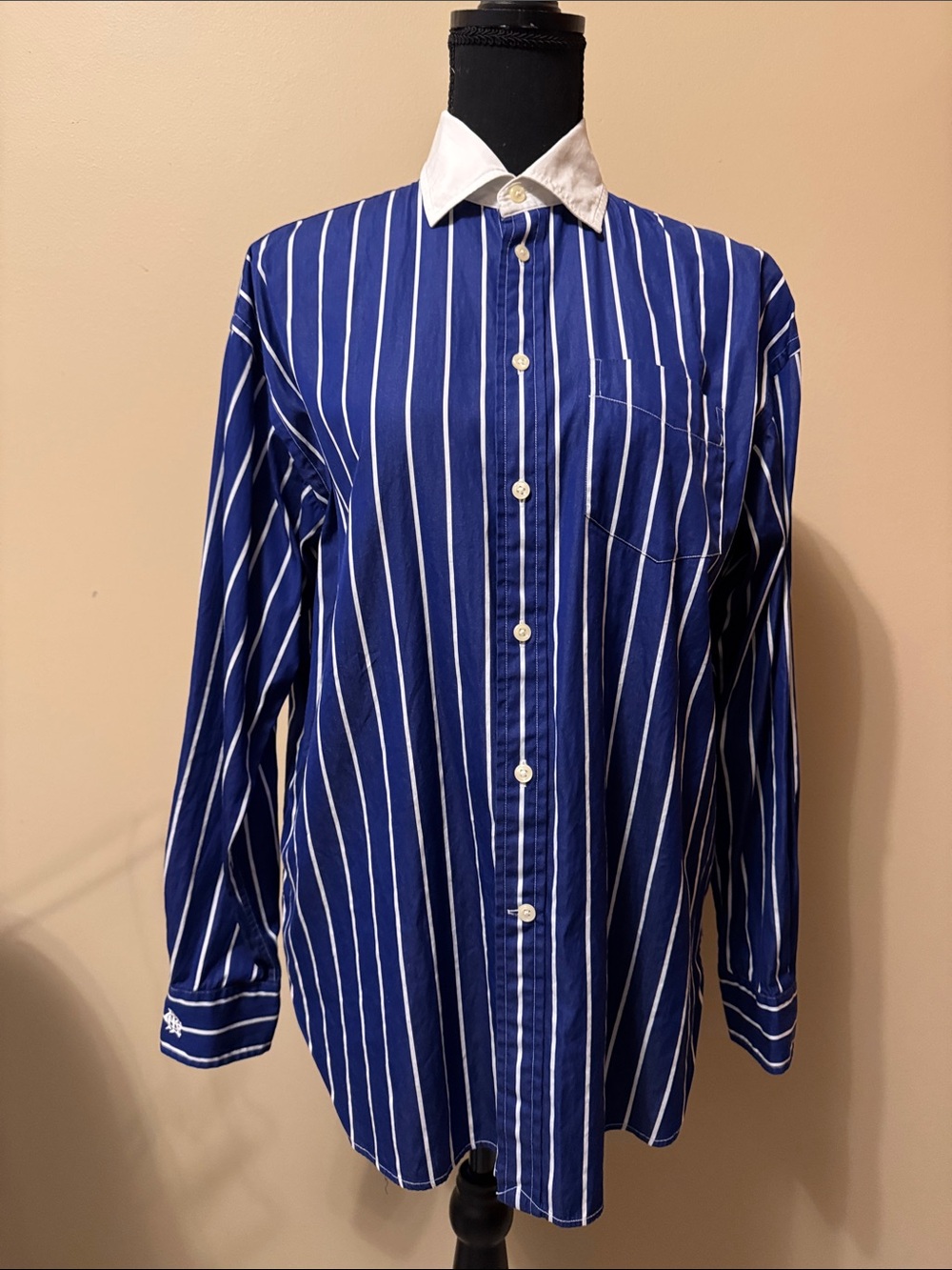 Polo by Ralph Lauren Navy Blue and White Vertical Stripe Button-Down Shirt